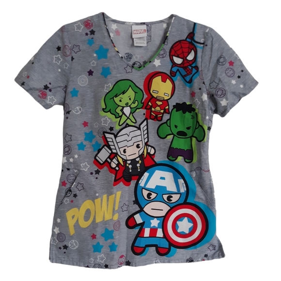 Marvel XS Mini Heros Graphic Grey Scrub Top - Picture 1 of 16